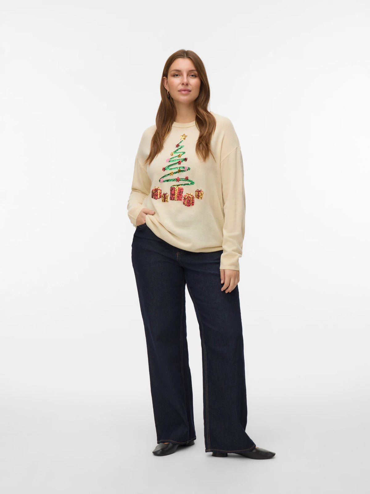 Vero Moda Curve X-Mas Tree Knit Jumper in Cream
