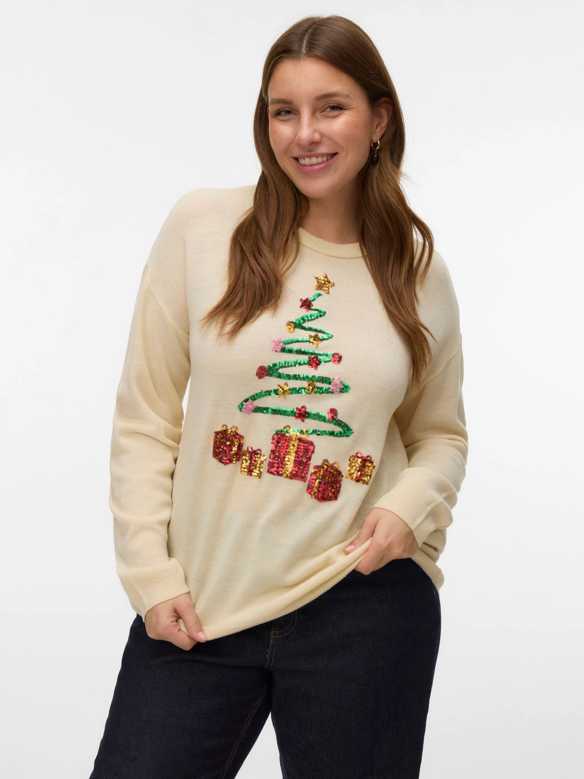 Vero Moda Curve X-Mas Tree Knit Jumper in Cream