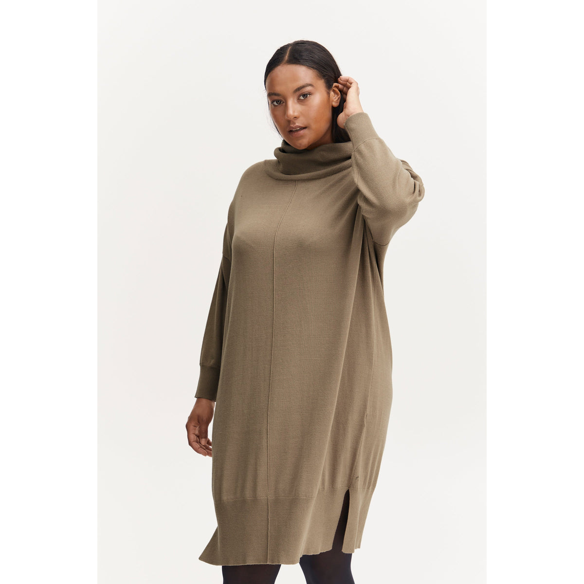 Fransa Plus Knit Dress in Beige - Wardrobe Plus