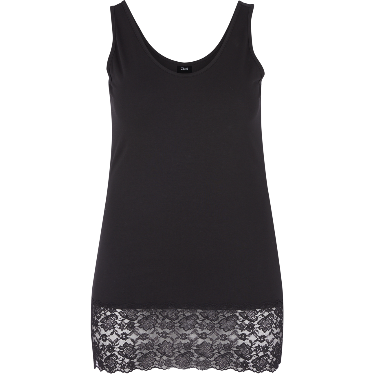 Zizzi Long Lace Trim Vest in Black - Wardrobe Plus