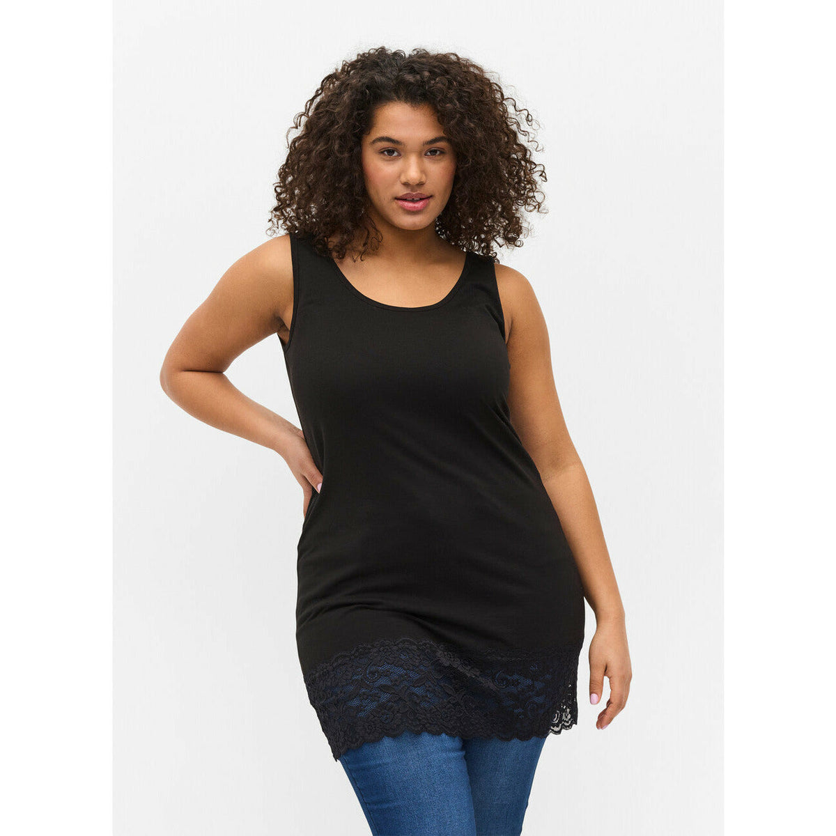 Zizzi Long Lace Trim Vest in Black - Wardrobe Plus