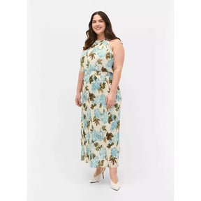 Zizzi Cream and Blue Floral Print Maxi Dress - Wardrobe Plus