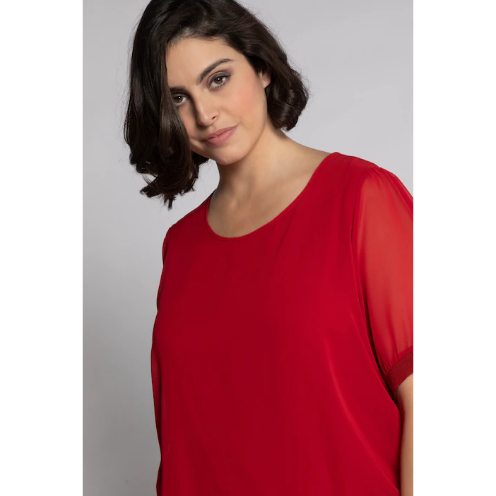 Ulla Popken Chiffon Sleeve Top in Red - Wardrobe Plus