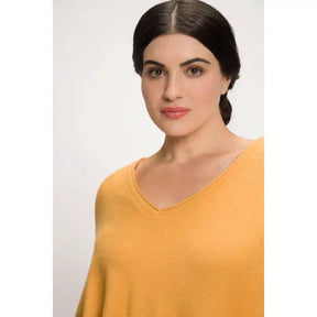 Ulla Popken Fine Knit Poncho in Mustard - Wardrobe Plus