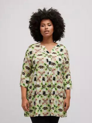 Ulla Popken Floral Print Tunic in Lime - Wardrobe Plus