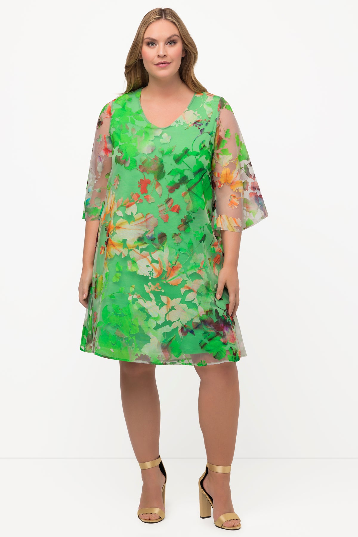 Ulla Popken Layered Dress in Green Floral