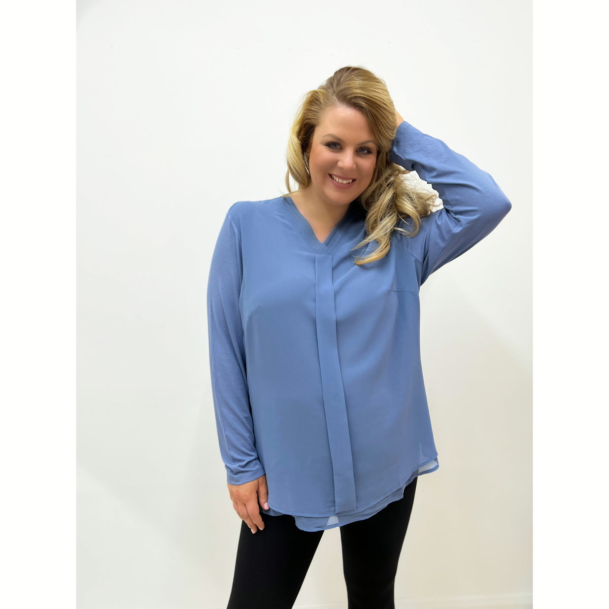 Barbara Lebek Pleat-Front Blouse in Blue - Wardrobe Plus