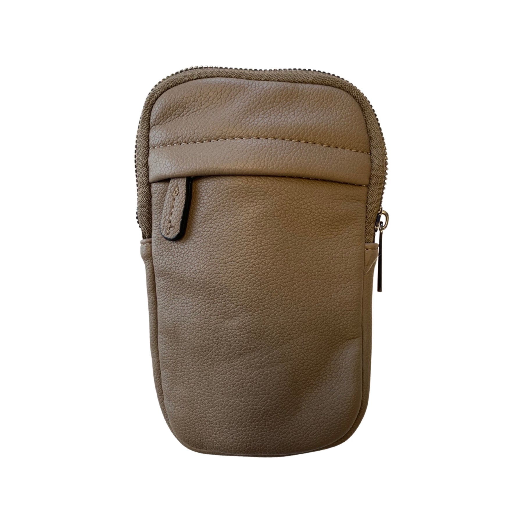 Leather Phone Bag with Front Zip in Beige - Wardrobe Plus