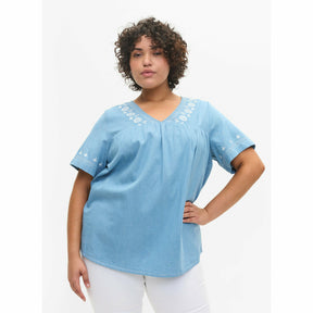 Zizzi Aisha Blouse in Light Blue Denim - Wardrobe Plus