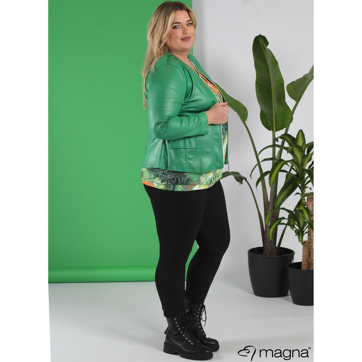 Magna Leather Look Jacket in Brazil Green - Wardrobe Plus