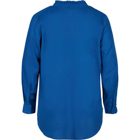 Zizzi Ruffle Collar Shirt in Blue - Wardrobe Plus