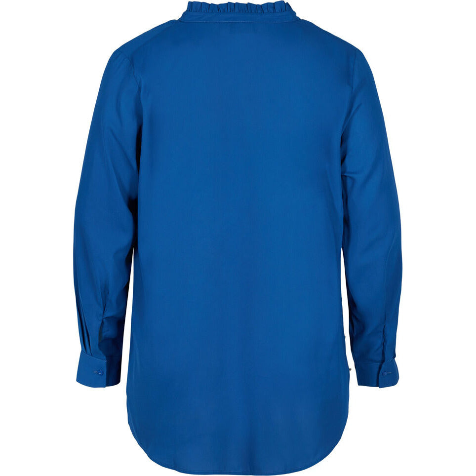 Zizzi Ruffle Collar Shirt in Blue - Wardrobe Plus