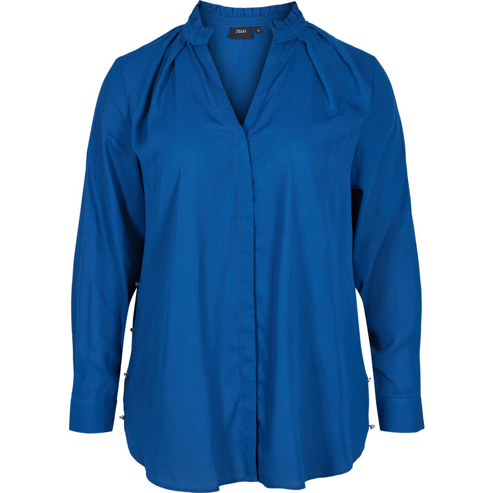 Zizzi Ruffle Collar Shirt in Blue - Wardrobe Plus