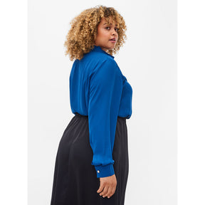 Zizzi Ruffle Collar Shirt in Blue - Wardrobe Plus
