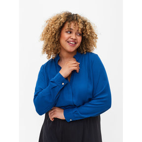 Zizzi Ruffle Collar Shirt in Blue - Wardrobe Plus