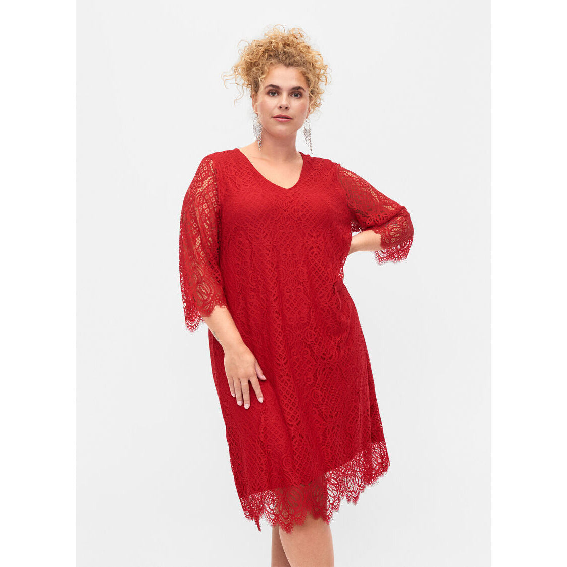 Zizzi Indy Lace Dress in Red - Wardrobe Plus