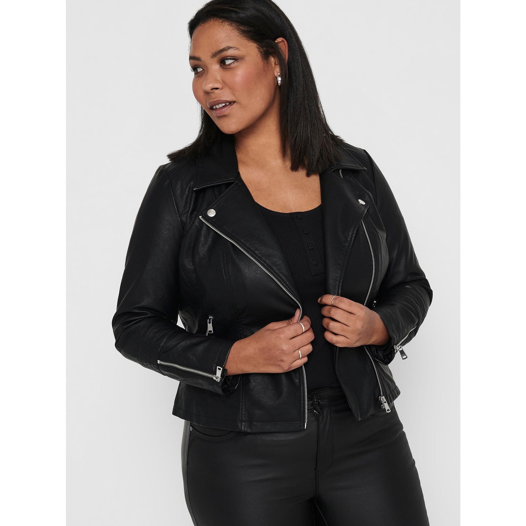 Only Carmakoma Faux Leather Biker Jacket in Black - Wardrobe Plus