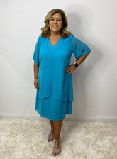 Godske Dress with Diamonte Neck in Aqua - Wardrobe Plus