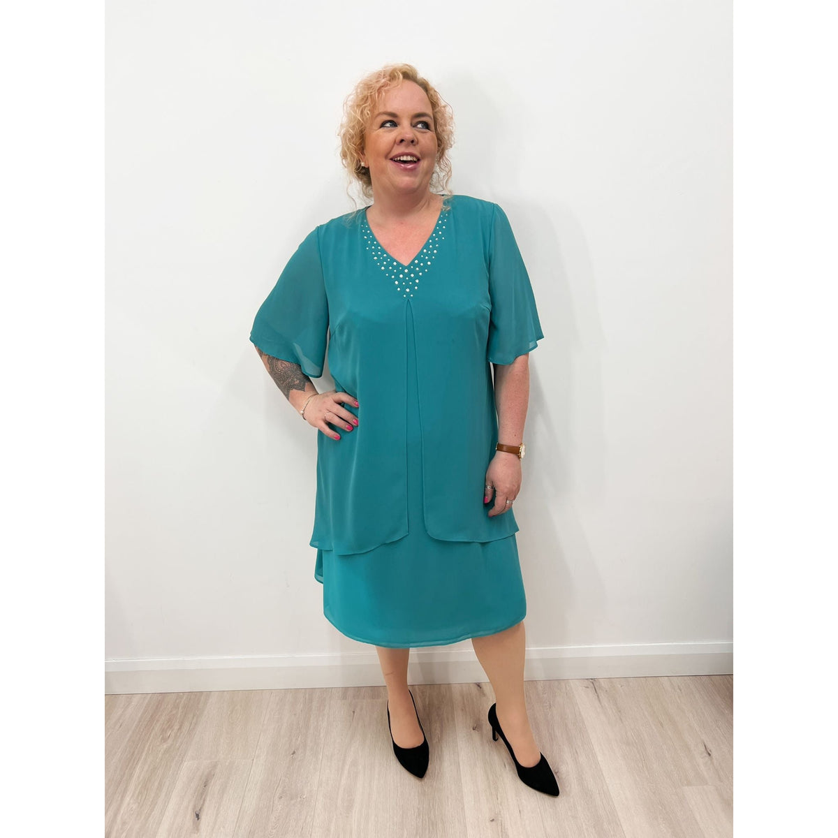 Godske Teal Chiffon Dress with Diamante Neckline - Wardrobe Plus