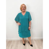 Godske Teal Chiffon Dress with Diamante Neckline - Wardrobe Plus