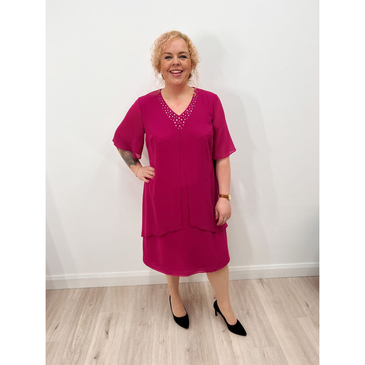 Godske Fuschia Chiffon Dress with Diamonte Neckline - Wardrobe Plus