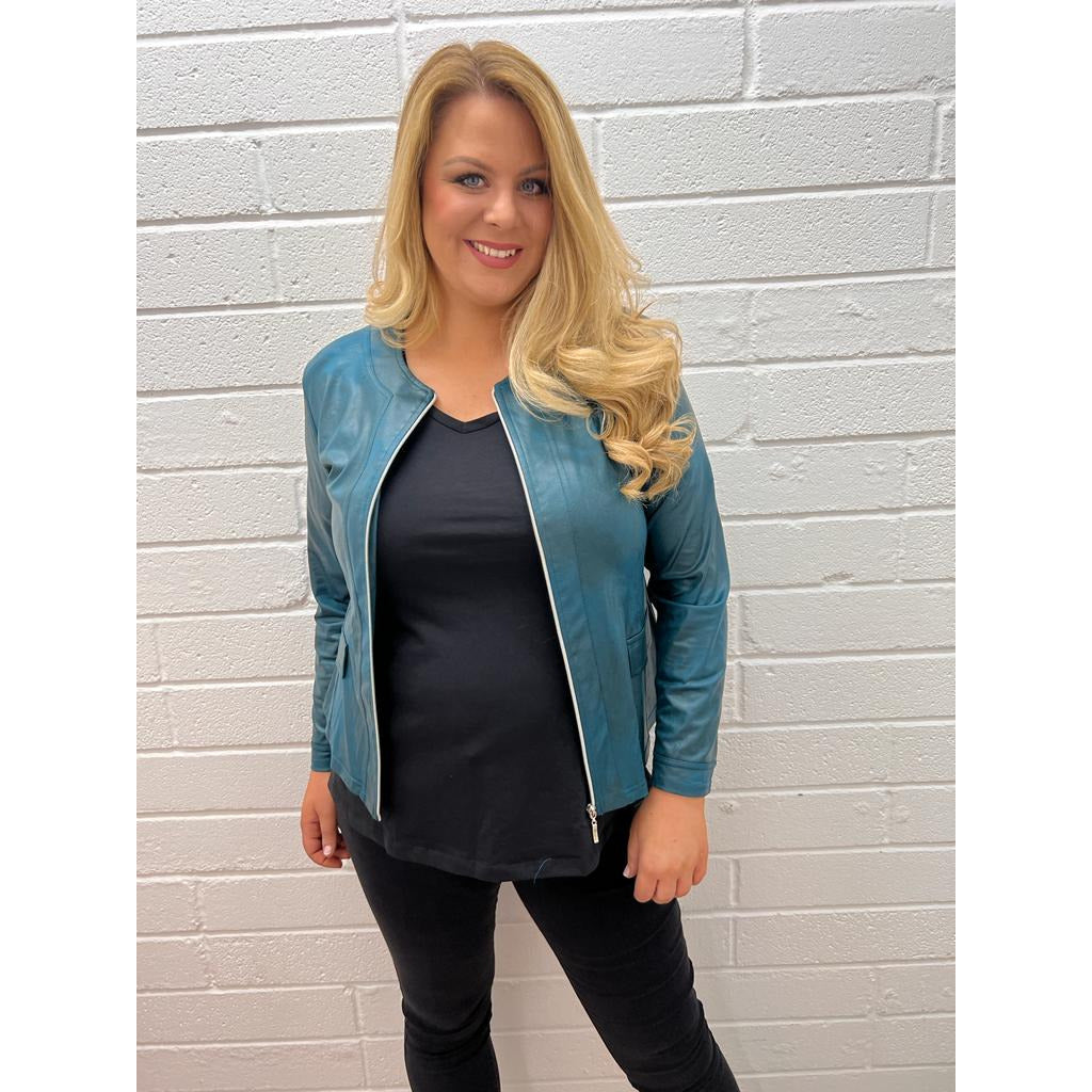 Magna Leather Look Jacket in Teal - Wardrobe Plus