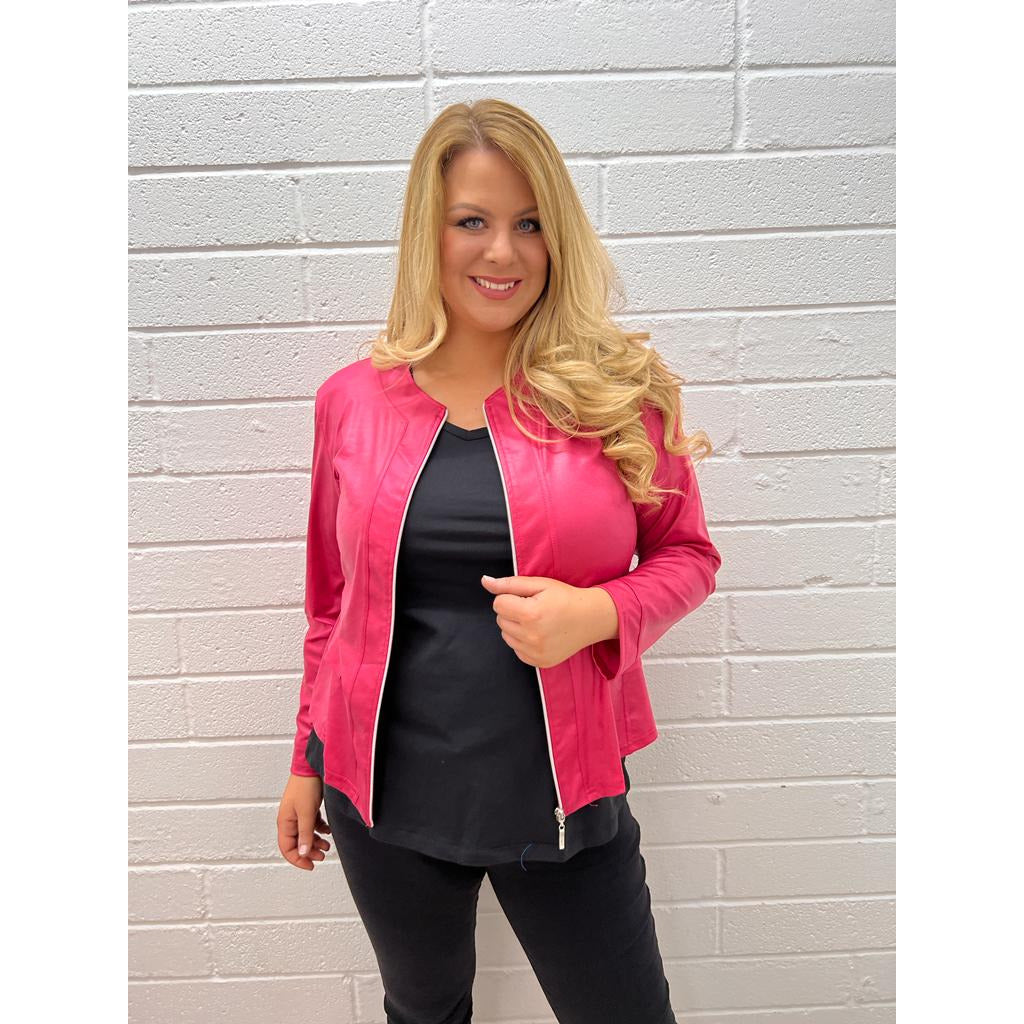 Magna Leather Look Jacket in Cerise Pink - Wardrobe Plus