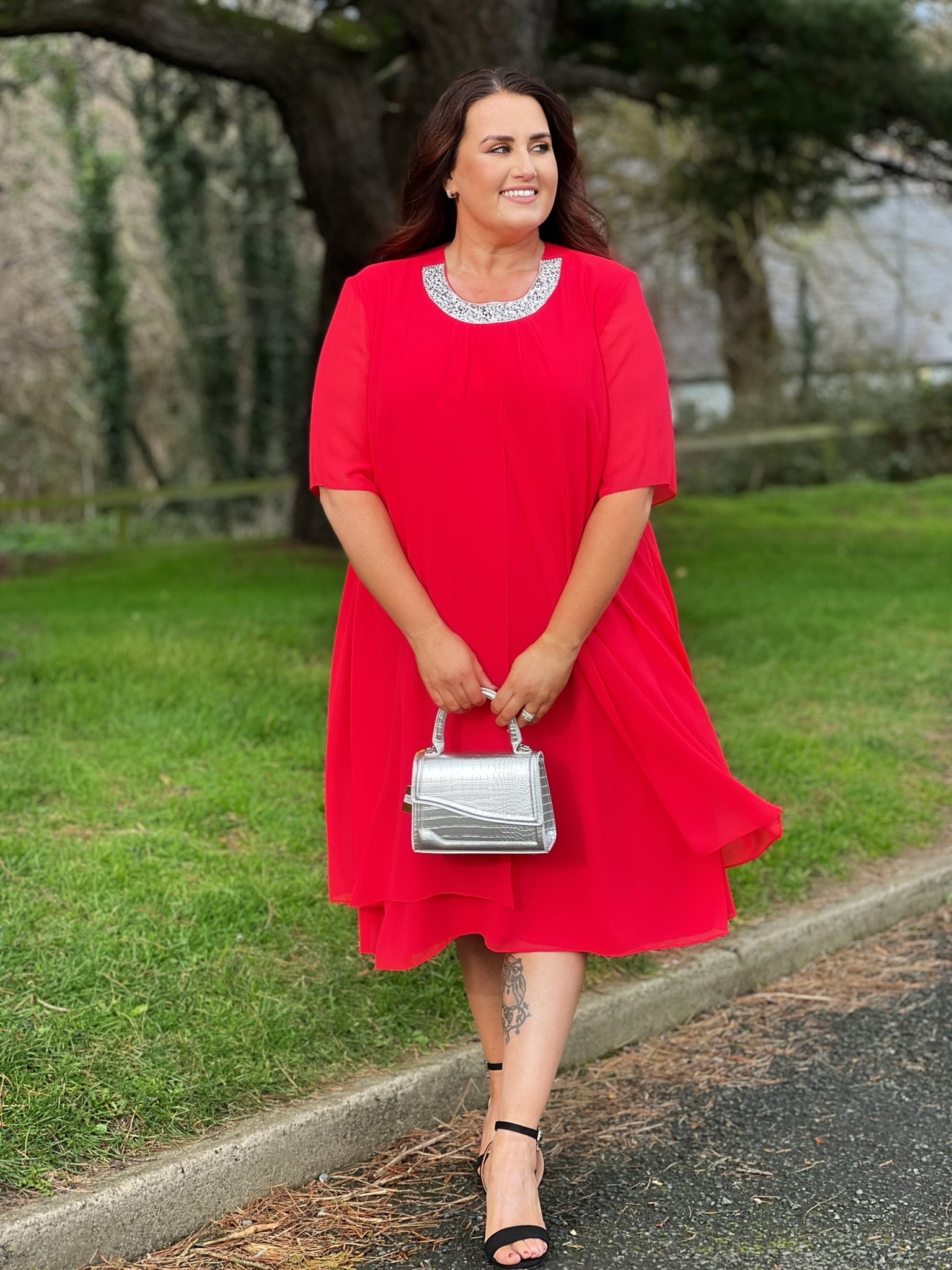 Godske Dress with Diamante Collar in Red - Wardrobe Plus