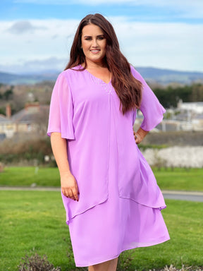 Godske Dress with Diamante Neck in Lilac - Wardrobe Plus