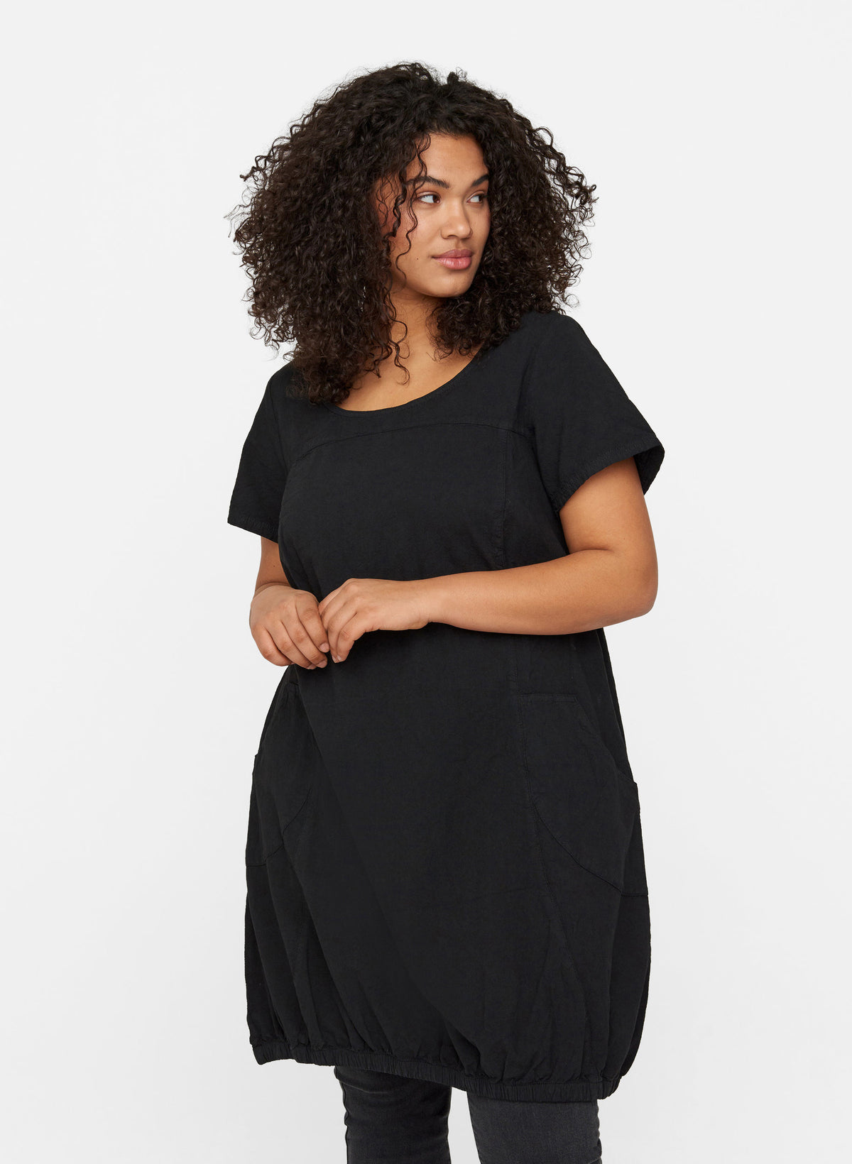 Zizzi Cotton Bubble Dress in Black - Wardrobe Plus