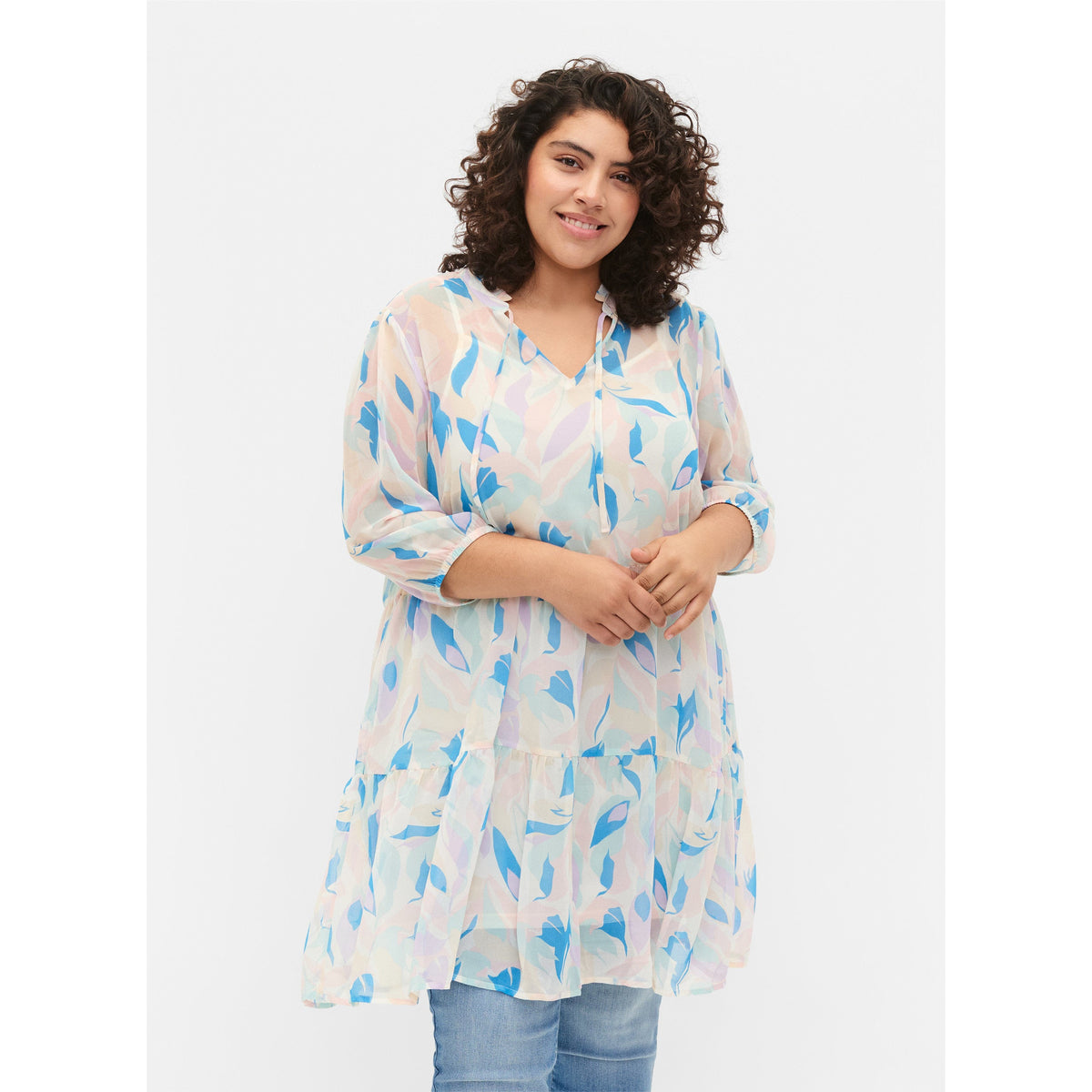 Zizzi Olivia 3/4 Sleeve Tunic in Pastel Leaf Print - Wardrobe Plus