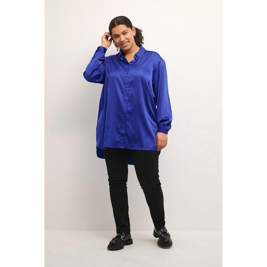 Kaffe Milla Long Shirt in Mazarine Blue - Wardrobe Plus