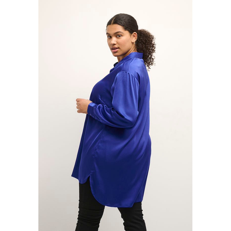 Kaffe Milla Long Shirt in Mazarine Blue - Wardrobe Plus