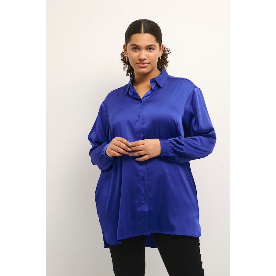 Kaffe Milla Long Shirt in Mazarine Blue - Wardrobe Plus