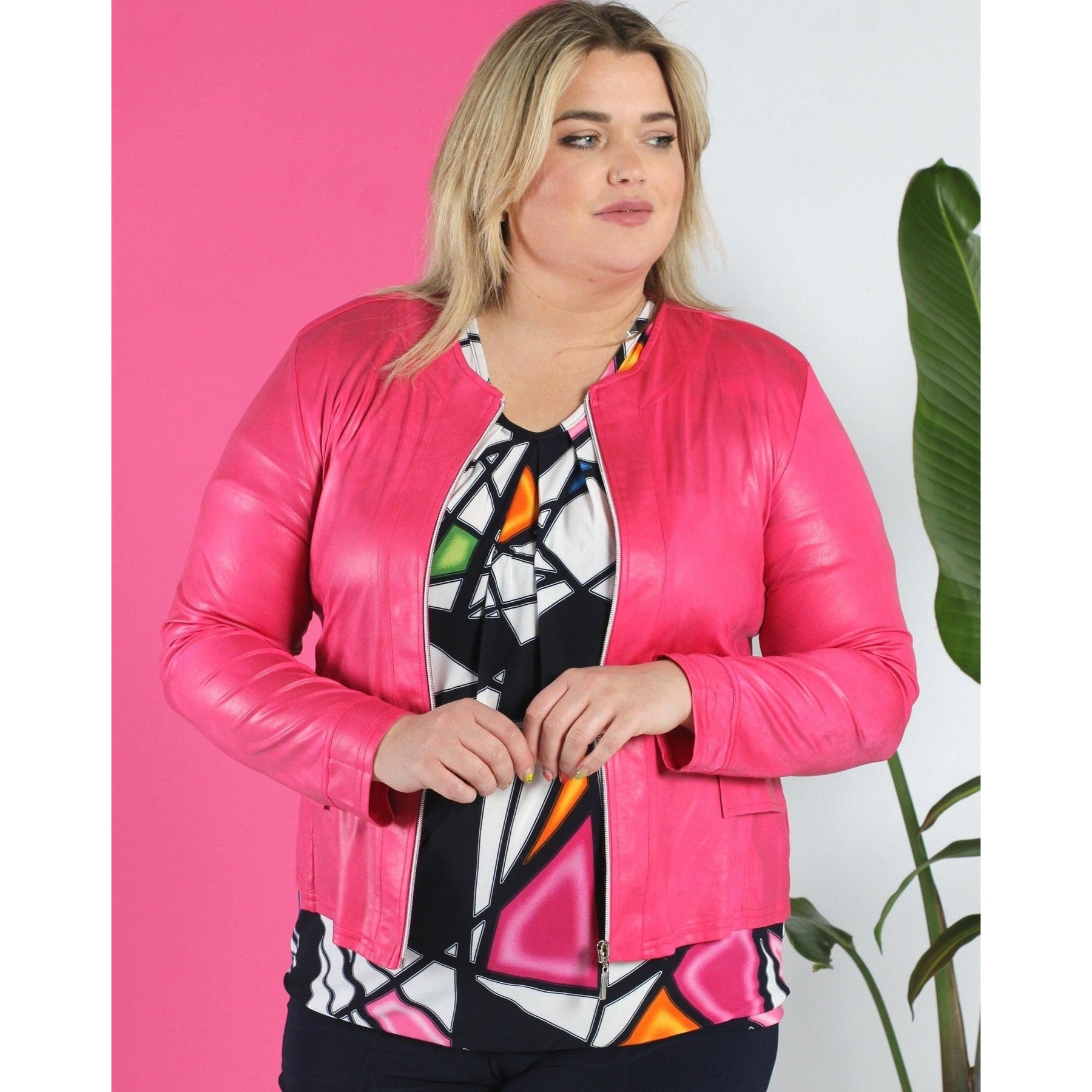 Magna Leather Look Jacket in Cerise Pink - Wardrobe Plus