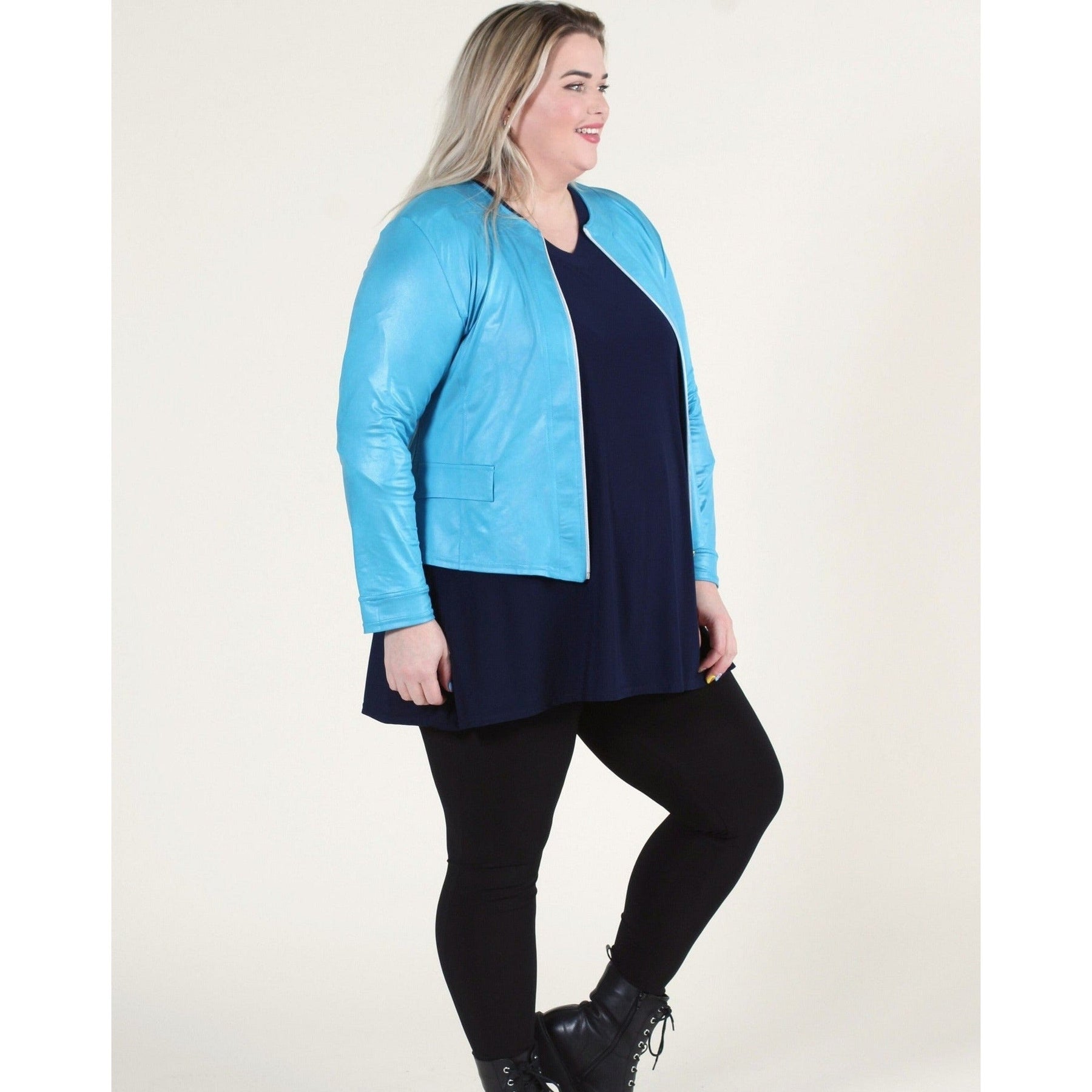 Magna Leather Look Jacket in Turquoise - Wardrobe Plus